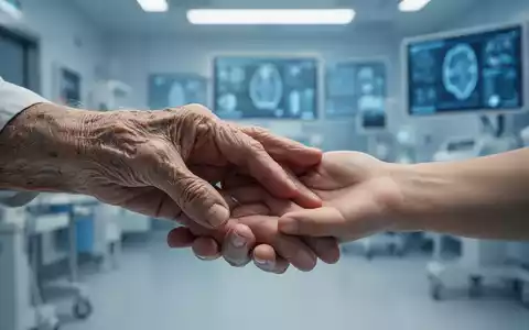 Eine ältere Hand berührt sanft eine jüngere Hand, im Hintergrund verschwommen eine moderne medizinische Umgebung. - Foto: über boerse-global.de