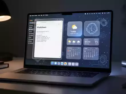 A modern macOS laptop displaying productivity apps: a Markdown editor, lock screen widgets, and AI governance tools. - Foto: über boerse-global.de