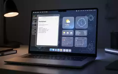 A modern macOS laptop displaying productivity apps: a Markdown editor, lock screen widgets, and AI governance tools. - Foto: über boerse-global.de