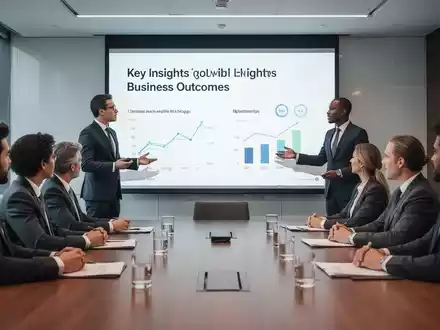 Executives in a modern boardroom, one presenting a concise, data-driven slide with key insights and business outcomes, to an attentive audience. - Foto: über boerse-global.de