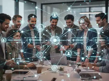 A stylized, glowing network of digital nodes and lines representing task management, overlaid on a blurred image of a collaborating startup team. - Foto: über boerse-global.de