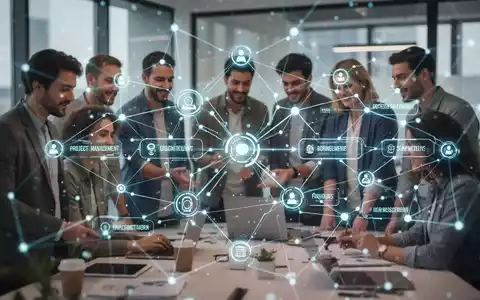 A stylized, glowing network of digital nodes and lines representing task management, overlaid on a blurred image of a collaborating startup team. - Foto: über boerse-global.de