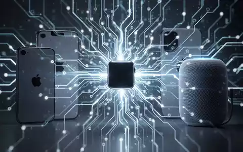 A glowing, interconnected neural network design with subtle silhouettes of Apple devices like an iPhone and Apple Watch. - Foto: über boerse-global.de