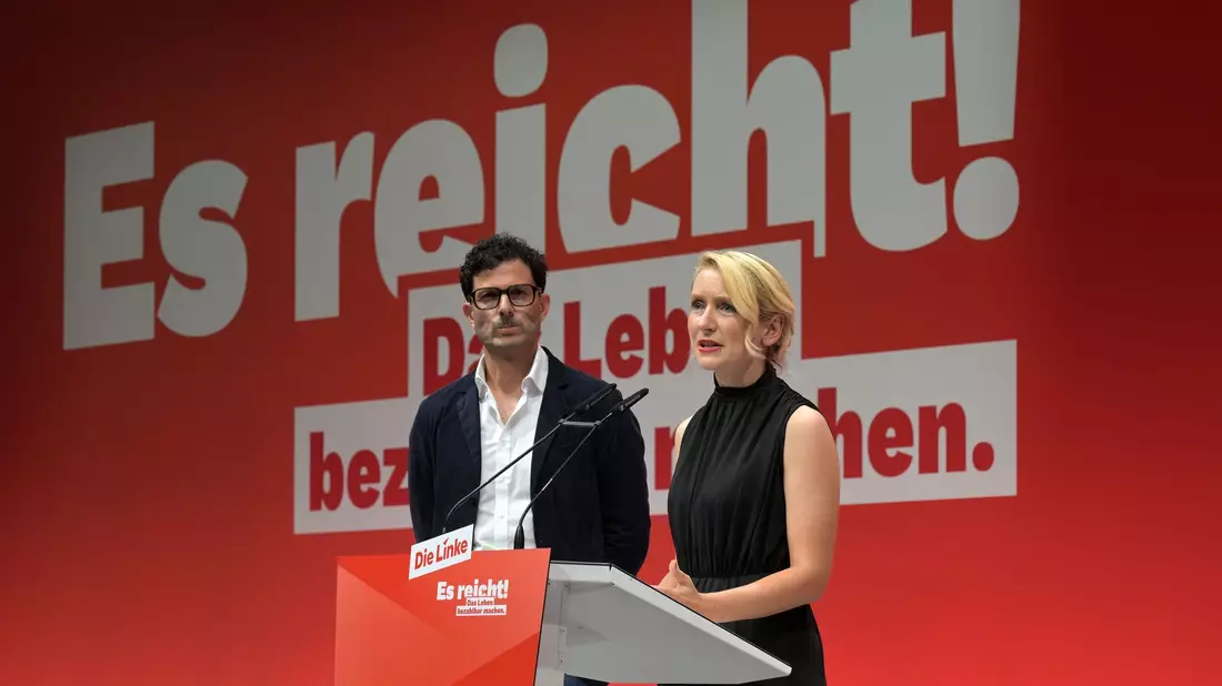 Luigi Pantisano und Ines Schwerdtner sind das neue Führungsduo der Linken.  - Bild: Michael Bahlo/dpa