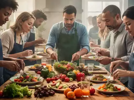 Eine vielfältige Gruppe von Menschen, die sich mit gesunder Ernährung beschäftigen, frische Mahlzeiten zubereiten und achtsam essen. - Foto: über boerse-global.de