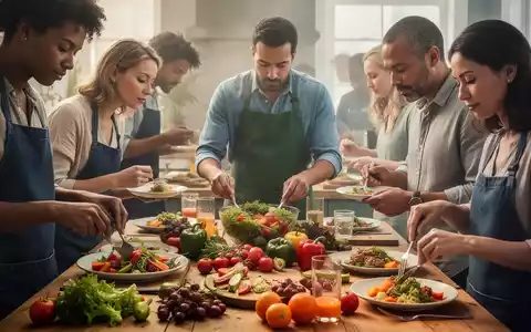Eine vielfältige Gruppe von Menschen, die sich mit gesunder Ernährung beschäftigen, frische Mahlzeiten zubereiten und achtsam essen. - Foto: über boerse-global.de
