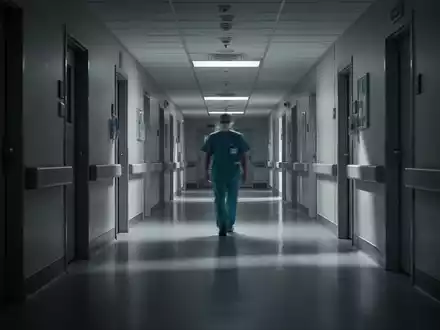 Ein langer, leicht dunkler Krankenhauskorridor mit einer einzelnen, verschwommenen Person in der Ferne, die sich entfernt. - Foto: über boerse-global.de