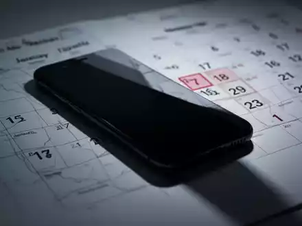 A dark, unbranded smartphone silhouette with a long shadow, hinting at a delay. A blurred calendar in the background shows a future date. - Foto: über boerse-global.de