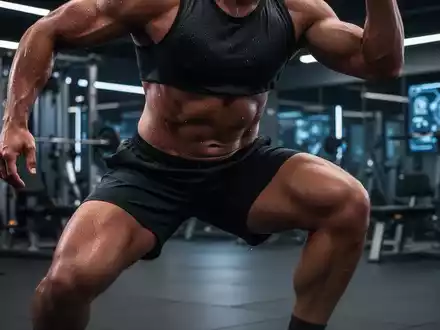 Nahaufnahme einer Person, die eine intensive Kniebeuge oder einen Ausfallschritt ausführt, mit verschwommenem Fitnessstudio-Hintergrund. - Foto: über boerse-global.de