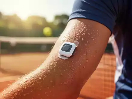 Nahaufnahme des Arms eines Tennisspielers mit einem Glukose-Sensor, Schweißperlen auf der Haut. Im Hintergrund ein verschwommener Tennisplatz bei Sonnenlicht. - Foto: über boerse-global.de