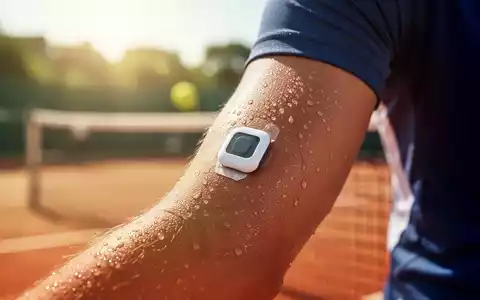 Nahaufnahme des Arms eines Tennisspielers mit einem Glukose-Sensor, Schweißperlen auf der Haut. Im Hintergrund ein verschwommener Tennisplatz bei Sonnenlicht. - Foto: über boerse-global.de