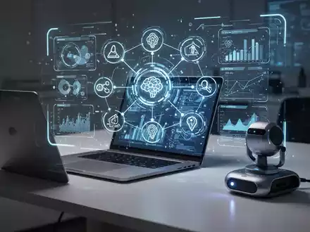 A glowing holographic interface displaying interconnected AI workflow icons and data visualizations on a sleek, modern desk. - Foto: über boerse-global.de