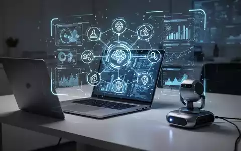 A glowing holographic interface displaying interconnected AI workflow icons and data visualizations on a sleek, modern desk. - Foto: über boerse-global.de