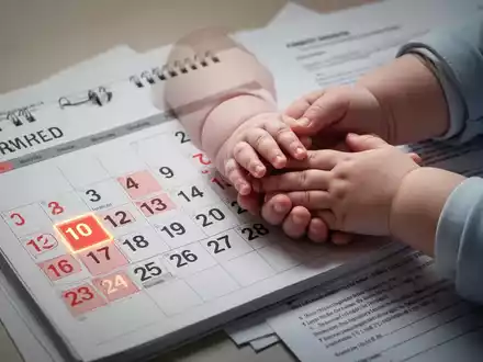 Ein Kalender mit hervorgehobenen Daten, die Hand eines Babys berührt die Hand eines Erwachsenen, im Hintergrund juristische Dokumente. - Foto: über boerse-global.de