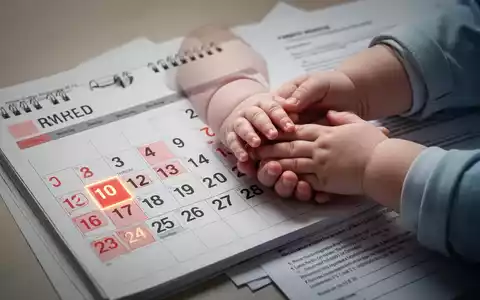 Ein Kalender mit hervorgehobenen Daten, die Hand eines Babys berührt die Hand eines Erwachsenen, im Hintergrund juristische Dokumente. - Foto: über boerse-global.de