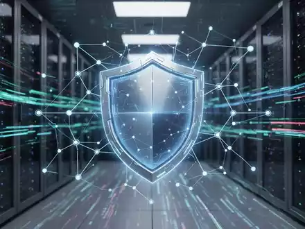 A glowing digital shield icon symbolizing DNS protection, overlaid on a network diagram with abstract data streams. - Foto: über boerse-global.de