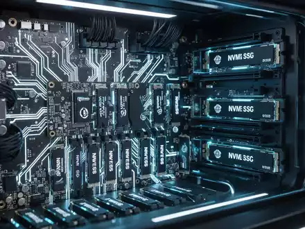 Close-up of a computer's internal components, showing glowing circuit boards and multiple solid-state drives (SSDs). - Foto: über boerse-global.de