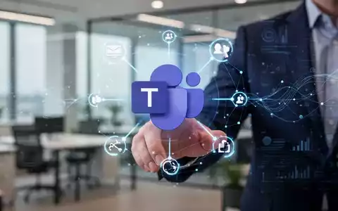 Hand interacting with a holographic interface showing Microsoft Teams logo and network icons in a modern office setting. - Foto: über boerse-global.de