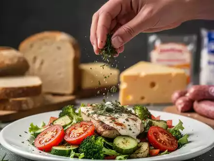 Eine Hand würzt eine Mahlzeit mit Kräutern, im unscharfen Hintergrund sind verarbeitete Lebensmittel wie Brot und Wurst zu sehen. - Foto: über boerse-global.de