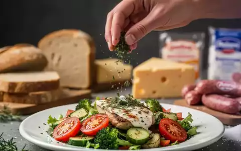 Eine Hand würzt eine Mahlzeit mit Kräutern, im unscharfen Hintergrund sind verarbeitete Lebensmittel wie Brot und Wurst zu sehen. - Foto: über boerse-global.de