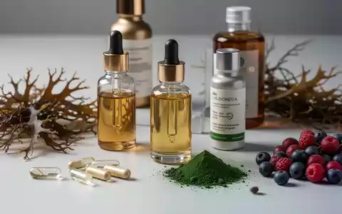 Nahaufnahme von Beauty-Detox-Nahrungsergänzungsmitteln, darunter Kapseln, flüssige Seren und natürliche Inhaltsstoffe wie Algen und Beeren. - Foto: über boerse-global.de