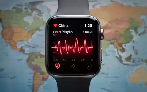 An Apple Watch face showing a heart rhythm graph, with a blurred world map in the background, highlighting health tech expansion. - Foto: über boerse-global.de