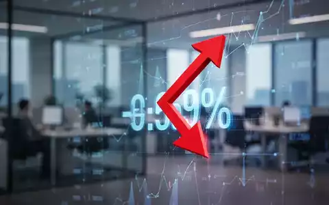 Ein roter Abwärtspfeil durchsticht einen Bildschirm mit negativem Prozentwert vor einem verschwommenen Bürohintergrund. - Foto: über boerse-global.de
