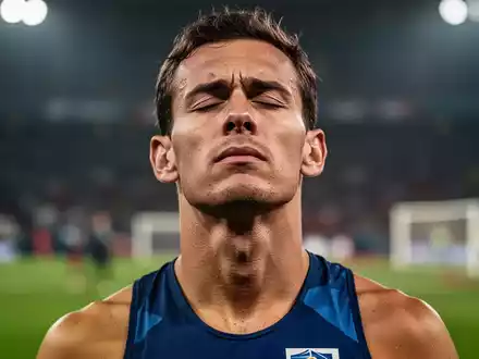 Ein Athlet mit geschlossenen Augen, der sich auf einen Wettkampf vorbereitet. Der Hintergrund ist unscharf und zeigt eine Sportarena. - Foto: über boerse-global.de