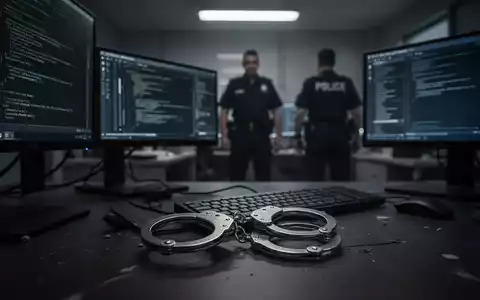 Handcuffs on a computer keyboard in a dimly lit office, with blurred figures of law enforcement in the background. - Foto: über boerse-global.de