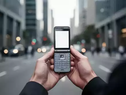 Eine Person hält ein einfaches Klapphandy in den Händen, im Hintergrund verschwommen eine moderne Stadtstraße. - Foto: über boerse-global.de