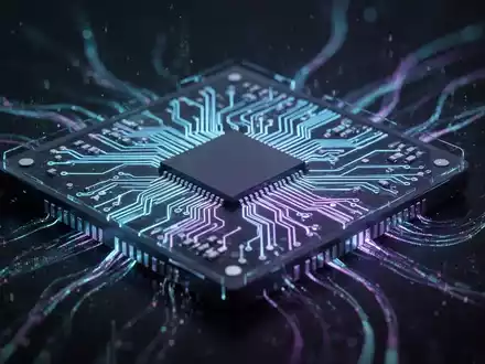 Close-up of a glowing, intricate silicon chip with circuit pathways in cool blue and purple tones, symbolizing advanced technology. - Foto: über boerse-global.de