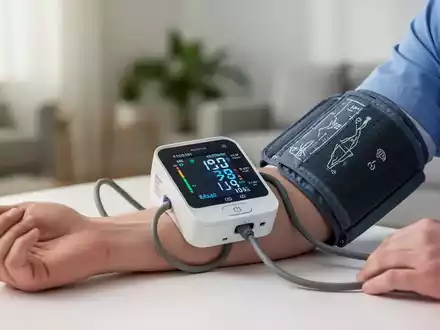 Ein Arm mit einer modernen Blutdruckmanschette und einem digitalen Messgerät, das Werte in einer ruhigen häuslichen Umgebung anzeigt. - Foto: über boerse-global.de