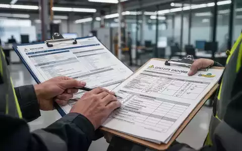 Eine Fachkraft für Arbeitssicherheit prüft digitale Dokumente und eine Checkliste auf einem Klemmbrett. Fokus auf Präzision und Compliance. - Foto: über boerse-global.de
