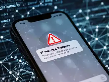 Nahaufnahme eines Smartphones, das eine Malware-Warnung anzeigt, mit verschwommenem Hintergrund aus digitalem Code und Netzwerkverbindungen. - Foto: über boerse-global.de
