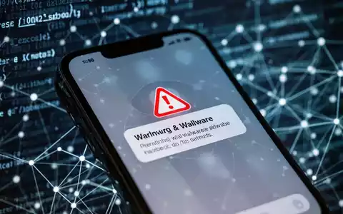 Nahaufnahme eines Smartphones, das eine Malware-Warnung anzeigt, mit verschwommenem Hintergrund aus digitalem Code und Netzwerkverbindungen. - Foto: über boerse-global.de