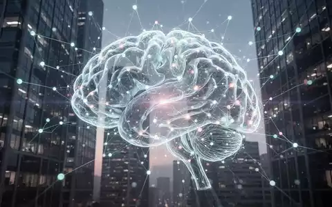 A glowing, abstract neural network symbolizing AI, overlaid on a blurred background of modern corporate buildings. - Foto: über boerse-global.de