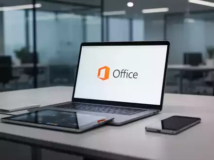 A modern laptop displaying the Microsoft Office logo, a tablet, and a smartphone on a minimalist desk, symbolizing productivity. - Foto: über boerse-global.de