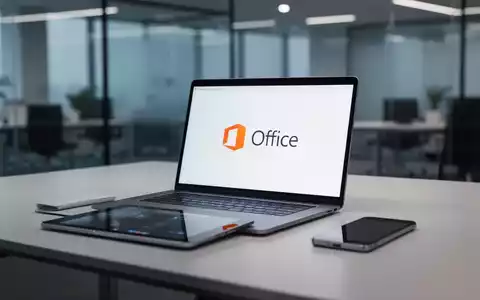 A modern laptop displaying the Microsoft Office logo, a tablet, and a smartphone on a minimalist desk, symbolizing productivity. - Foto: über boerse-global.de