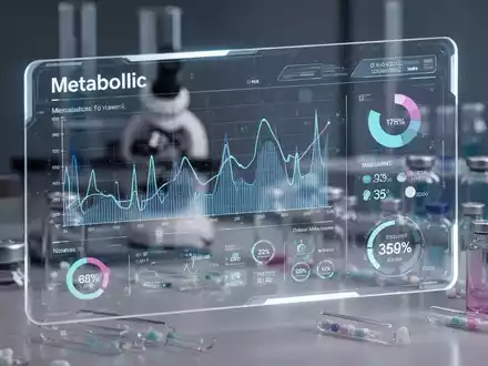 Ein futuristisches, digitales Gesundheitsinterface zeigt Stoffwechseldaten und biometrische Messungen vor einem Hintergrund von Pharmaforschung. - Foto: über boerse-global.de