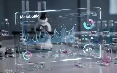 Ein futuristisches, digitales Gesundheitsinterface zeigt Stoffwechseldaten und biometrische Messungen vor einem Hintergrund von Pharmaforschung. - Foto: über boerse-global.de