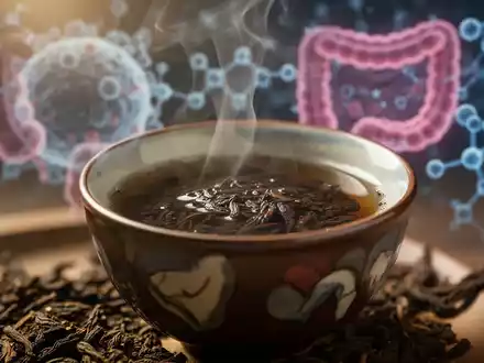 Eine Nahaufnahme einer dampfenden Tasse dunklen, fermentierten Pu-Erh-Tees, mit unscharfem Hintergrund, der wissenschaftliche Bilder des Darmmikrobioms oder molekulare Strukturen zeigt. - Foto: über boerse-global.de