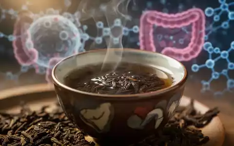 Eine Nahaufnahme einer dampfenden Tasse dunklen, fermentierten Pu-Erh-Tees, mit unscharfem Hintergrund, der wissenschaftliche Bilder des Darmmikrobioms oder molekulare Strukturen zeigt. - Foto: über boerse-global.de