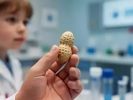 Eine Kinderhand hält eine einzelne Erdnuss vor einem verschwommenen medizinischen Hintergrund, symbolisiert Fortschritte in der Allergiebehandlung. - Foto: über boerse-global.de