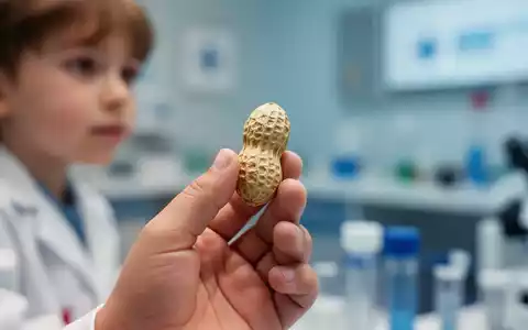 Eine Kinderhand hält eine einzelne Erdnuss vor einem verschwommenen medizinischen Hintergrund, symbolisiert Fortschritte in der Allergiebehandlung. - Foto: über boerse-global.de