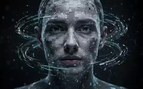 A close-up of a human face composed of fragmented digital pixels, symbolizing AI-generated content and deception. - Foto: über boerse-global.de