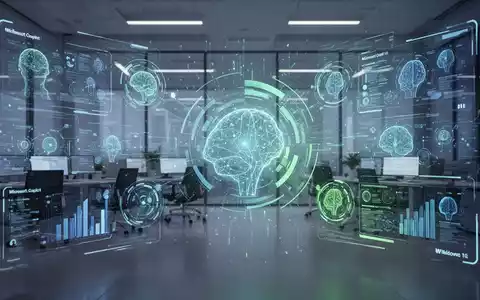 Ein futuristisches digitales Interface mit leuchtenden KI-Elementen und Datenströmen, das Microsoft Copilot in Windows 11 symbolisiert. - Foto: über boerse-global.de
