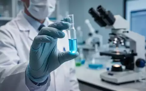 Nahaufnahme eines Forschers im Laborkittel, der ein Glasfläschchen mit einer blauen Flüssigkeit hält. Im Hintergrund unscharfe Laborgeräte. - Foto: über boerse-global.de