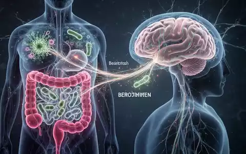 Abstrakte Darstellung der Darm-Hirn-Achse mit leuchtenden Verbindungen zwischen Darmmikrobiom und Gehirn, symbolisch für Kommunikation und Gesundheit. - Foto: über boerse-global.de