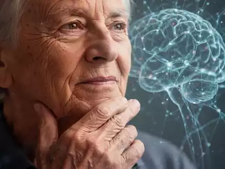 Eine ältere Hand berührt nachdenklich das Kinn, im Hintergrund angedeutete neuronale Netzwerke, die kognitiven Abbau symbolisieren. - Foto: über boerse-global.de