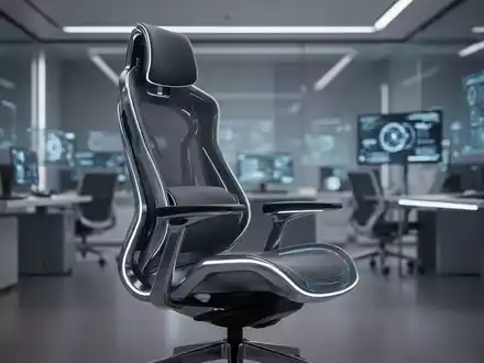 Ein futuristischer, ergonomischer Bürostuhl mit subtilen leuchtenden Akzenten in einem modernen Büro. - Foto: über boerse-global.de